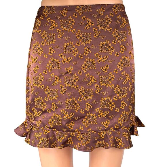 Express Purple Orange Silky Satin Floral Ruffle Mini Straight Pencil Skirt Sz 4 - Picture 1 of 6